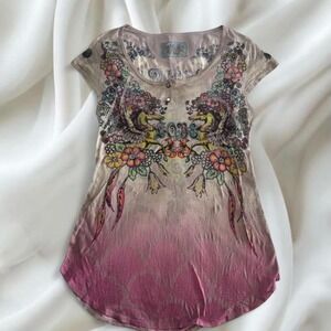 Y2K vintage Butterfly Dropout rhinestone graphic henley babytee euro top